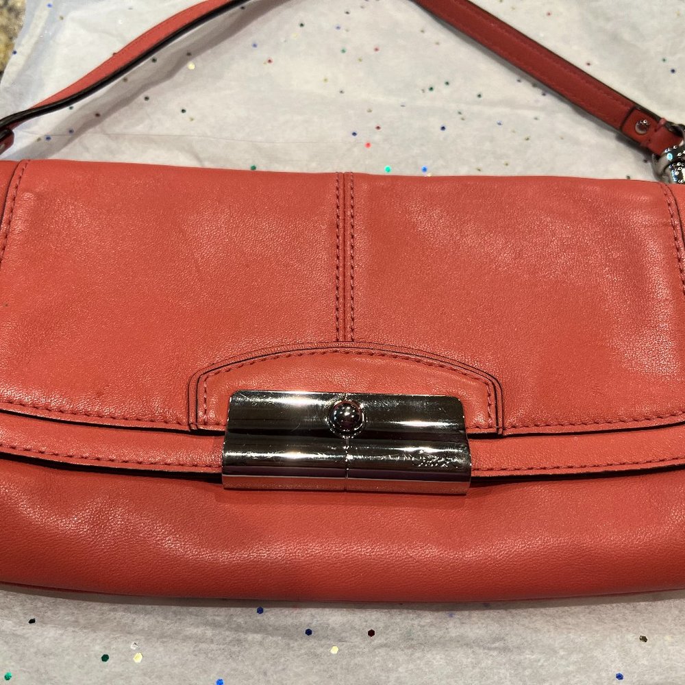 Coach Coral Geranium Leather Kristin Clutch Wristlet Bag Wallet Pushlock